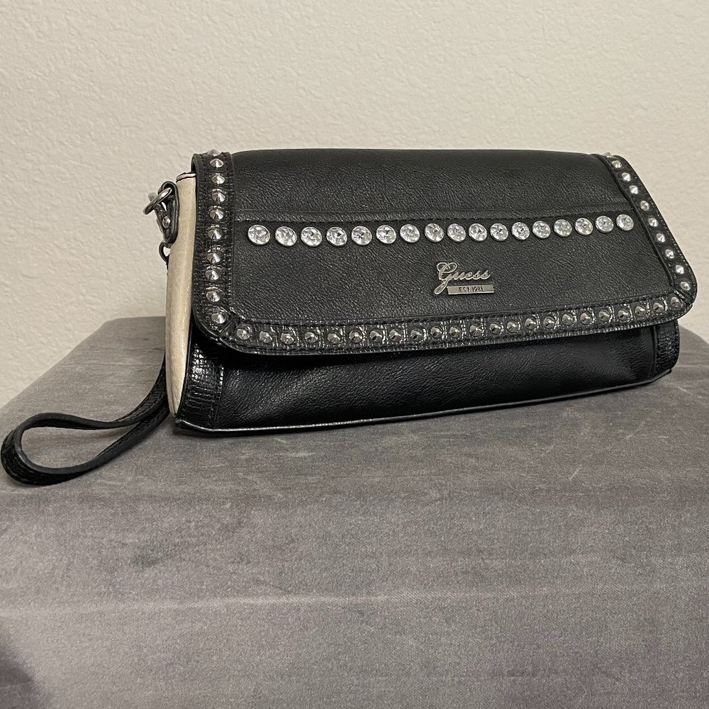 Guess Brand Black & Cream Leather Handbag with Crystal Details